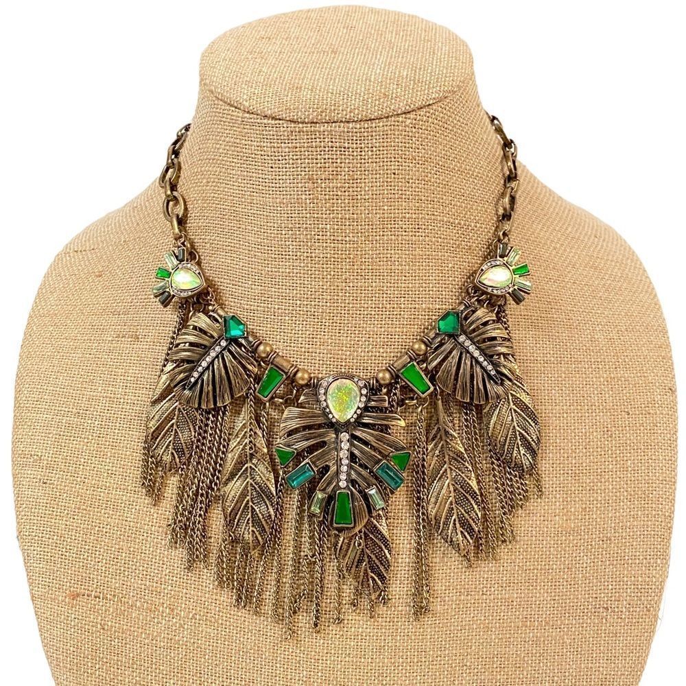 Boho Bohemian Deco Layered Fringe Leaves Green Gems Brass Hawaiian‎ Necklace